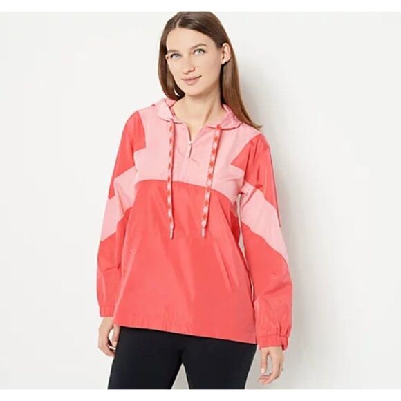 Susan Graver Women Sport Colorblock Pullover Hooded Jacket Pink Coral L A479200 - Picture 1 of 4
